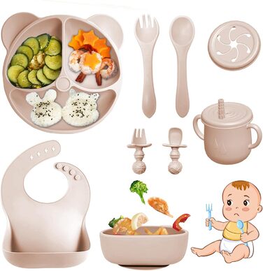 Набір дитячого посуду із силікону, 9 предметів, бежевий Bizcasa