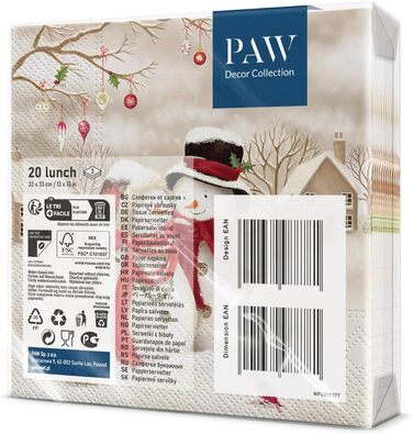 Серветки для різдвяного столу 3-шарові 20 шт. PAW Decor Collection