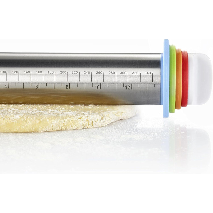 З 4 розпірними кільцями, по 1 кільцю по 10 мм, 6 мм, 3 мм, 2 мм, зі шкалами, нержавіюча сталь/пластик, сріблястий/білий/світло-блакитний/світло-зелений/помаранчевий/червоний, 30452260 нержавіючий ролик для випічки