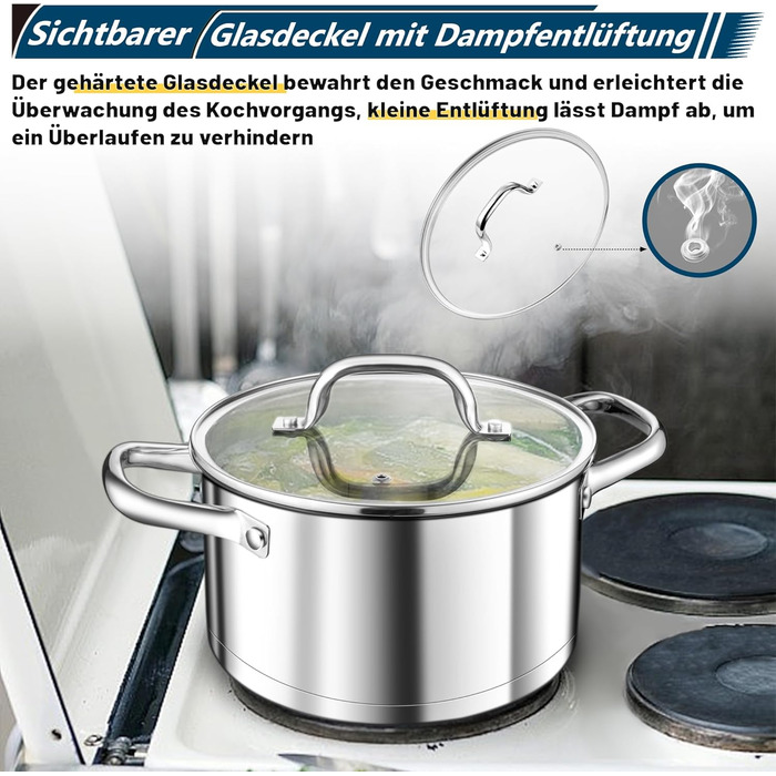 Велика каструля TEAMFAR, каструля з нержавіючої сталі, індукційна каструля, скляна кришка, 3-шарове дно для всіх типів плит, каструля для пасти 26 см, каструля для м&39яса, без покриття та нетоксична, можна мити в посудомийній машині (4,7 літра)