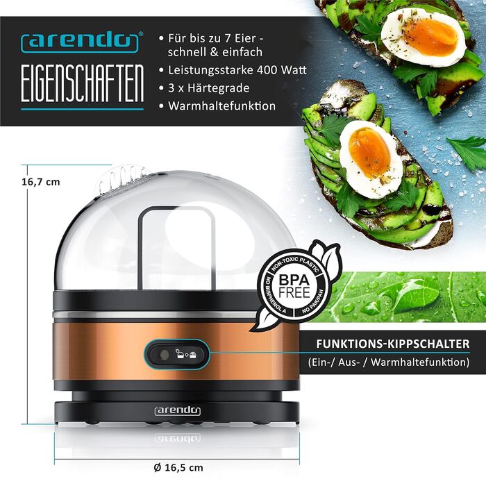 Яйцеварка Arendo Sevencook 400 Вт - Конструкция из нержавеющей стали - 1-7 яиц - Яйцеварка - Переключатель ВКЛ/ВЫКЛ - 3 степени твердости на выбор - Функция поддержания тепла - Звуковой сигнал - Без бисфенола А холодный серый (C Медь)