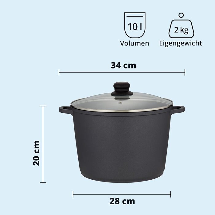 Каструля 10 л алюмінієва зі скляною кришкою 28 см, чорна KHG