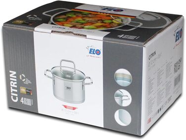 Каструля з нержавіючої сталі Elo 7242026, діаметр 20 см, каструля зі скляною кришкою, підходить для всіх типів плит, нержавіюча сталь, скло, 20 см, сіра каструля ø 20 см (каструля ø 12 см)