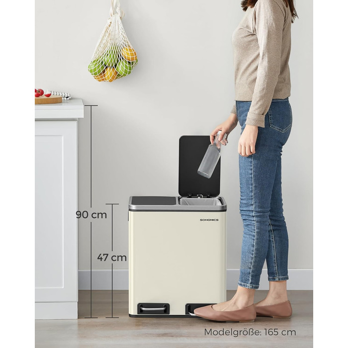Кухонний контейнер для сміття SONGMICS, 2 x 15 літрів, система розділення сміття, 2 відділення, включаючи 15 мішків для сміття, відро для сміття, відро для сміття з педалями, перероблені відходи, органічні відходи, кришка з мяким закриттям, LTB30BK (пісоч