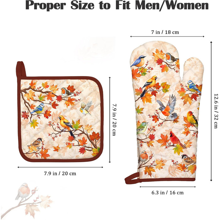 Набір з 2 різдвяних рукавиць для духовки та підставки для каструль Arquiel, 100 бавовняні кулінарні рукавички, термостійкі кухонні рукавички для приготування їжі, різдвяні подарунки для жінок (птахи, рукавиця для духовки підставка для каструль)