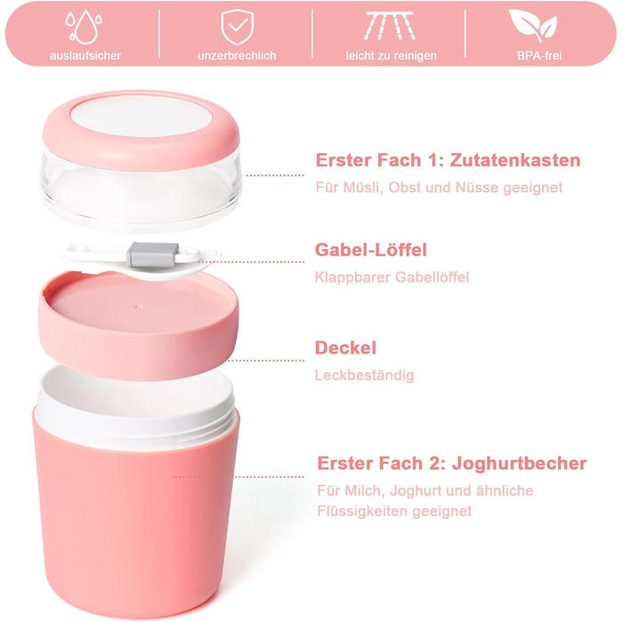 Стаканчик для пластівців 750 мл зі складаною ложкою, рожевий Swkien