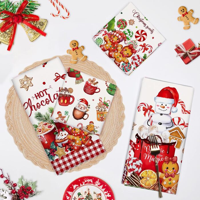 Набір із 4 кухонних рушників Arquiel, зимові різдвяні ялинки, декоративні різдвяні кухонні рушники, 100 бавовняні, абсорбуючі, подарунок на свята, новосілля, 48 см x 70 см (імбирний пряник, 48 см x 70 см, набір із 4 шт.)