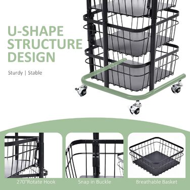 Кухонная тележка APEXCHASER, вращающаяся тележка, 4-уровневая многослойная кухонная полка с колесиками, контейнер для хранения, поворотная корзина для фруктов для кухни, гостиной, офиса, черный