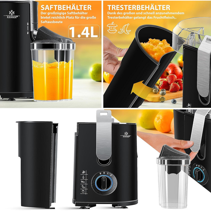 Соковижималка KESSER для фруктів та овочів з нержавіючої сталі 1100 Вт великий завантажувальний отвір 85 мм з щіткою для чищення та контейнером для соку 3 режими швидкості, соковижималка, сріблястий (чорний / сріблястий)