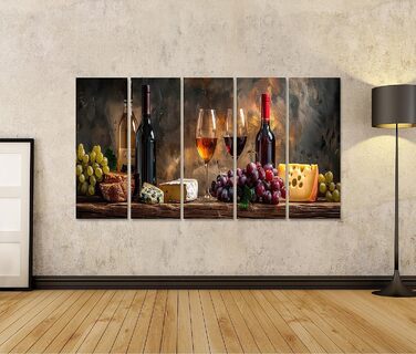 Друк на полотні Сільський натюрморт з пляшками вина, келихами, виноградом, сиром, хлібом на дерев&39яному столі Картини Настінний художній постер (полотно 160x80 см - 5 частин XXL)