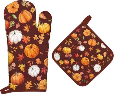 Набір з 2 різдвяних рукавиць для духовки та підставки для каструль Arquiel, 100 бавовняні кулінарні рукавички, термостійкі кухонні рукавички для приготування їжі, різдвяні подарунки для жінок (гарбуз, рукавичка для духовки підставка для каструль)