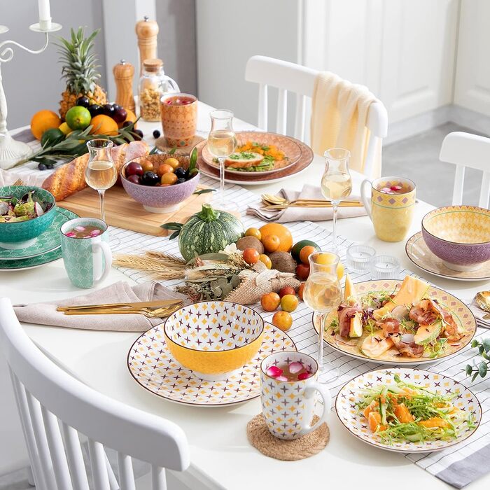 Порцеляновий набір посуду Haruka, 48 шт. Набір круглий комбінований сервіз на 12 осіб, включає кружки, піали, десертні тарілки та обідні тарілки (тюльпан, набір посуду з 48 предметів)