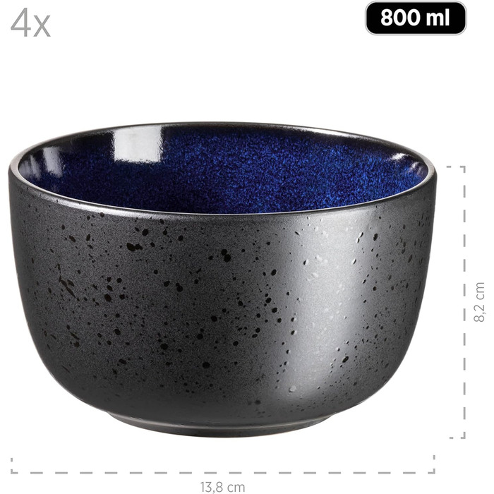 Сучасний набір для 4 осіб у захоплюючому вінтажному образі, великі плоскі обідні тарілки з кераміки, керамограніту, сірого/чорного кольору (зернові миски, сині / чорні)