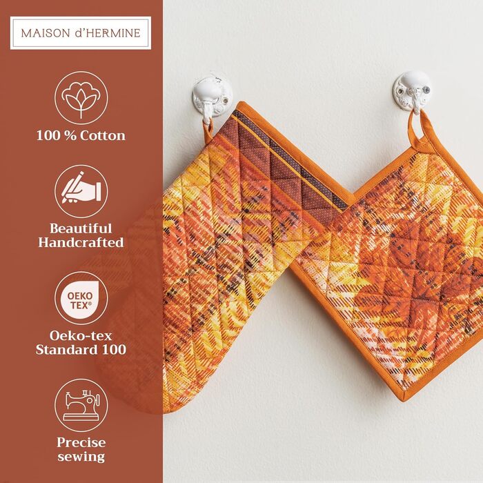 Рукавички для духовки Maison d&39 Hermine, Прихватки для каструль, 100 бавовна, термостійкі кухонні рукавички, рукавички для духовки (19 x 33 см) та прихватки для каструль (20 x 20 см) для приготування їжі, Morzine - Рукавички для духовки (19 x 33 см) та 