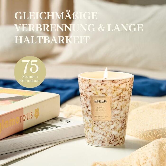 Ароматизована свічка M&SENSE велика Чорні ароматизовані свічки у склянці Ароматизована свічка з натурального соєвого воску Розслаблююча ароматерапія Подарунок для жінок та чоловіків, Різдво Час горіння 75 годин та 2 ґноти (лимон-ваніль, 400 г)