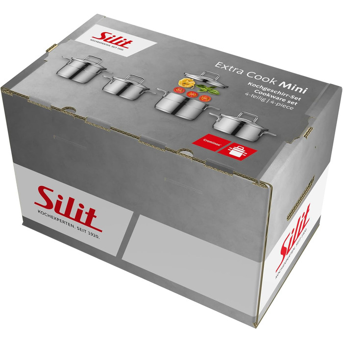 Набір посуду Silit Extra Cook 4 предмети каструлі 12/14 см зі скляною кришкою, внутрішня шкала, широкий обід для зручного зливання, нержавіюча сталь Crominox, для невеликих порцій, компактне зберігання, посуд не проливається. Набір посуду 4 предмети.