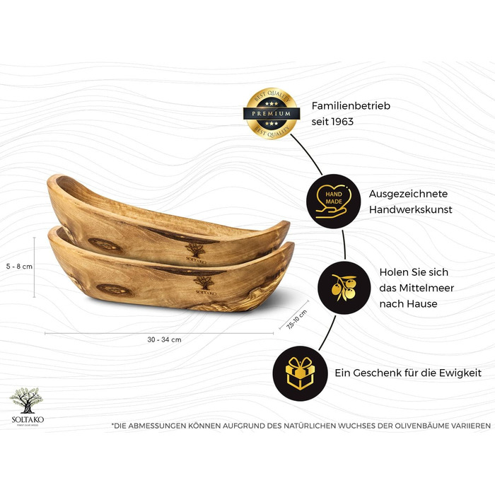 Набор из 2 багетных хлебниц из оливкового дерева - Миска для закусок продолговатая - Деревянная миска в деревенском стиле - Декоративная миска - Вазочка для фруктов - Чаша ручной работы - Чаша для ювелирных изделий - Универсальная миска 2 30-34 см