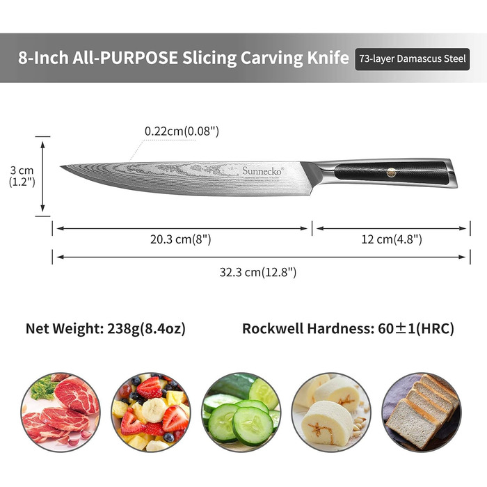 Ніж для хліба Sunnecko 20 см із зазубреним краєм, дамаський ніж для хліба, гострий кухонний ніж з лезом з дамаської сталі, ніж для різання хліба з ручкою G10