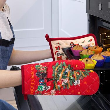 Набір з 2 різдвяних рукавичок для духовки та прихваток Arquiel, 100 бавовняні кулінарні рукавички, термостійкі кухонні рукавички для приготування їжі, різдвяний декор для кухні, подарунки для жінок (різдвяна ялинка 02, рукавички для духовки*2 прихватки*2)