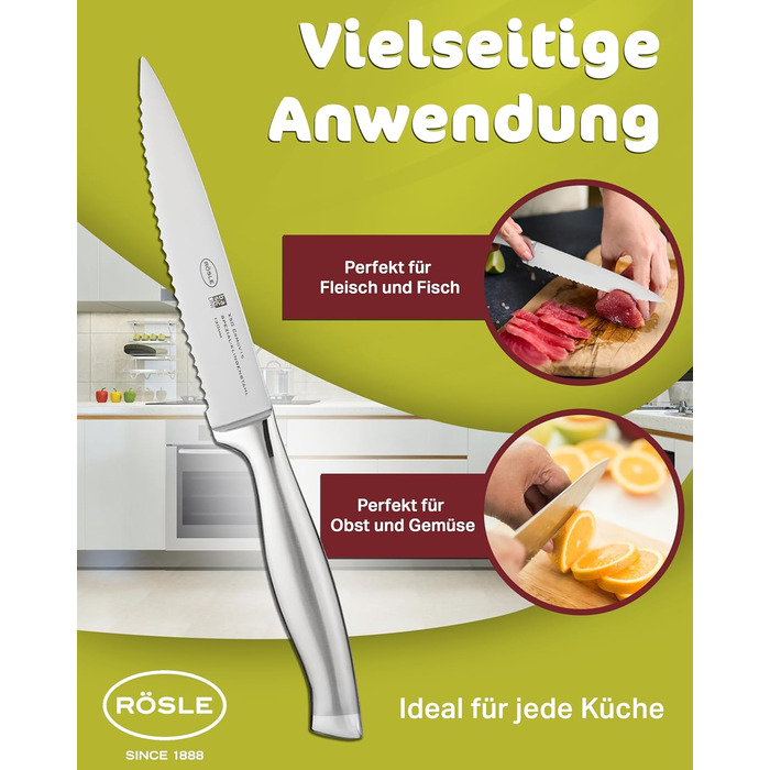 Високоякісний кухонний ніж 20 см для м&39яса, риби, птиці та овочів, нержавіюча сталь 18/10, ергономічна срібна ручка, гострий ніж для кухні (універсальний ніж)