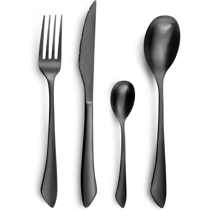 Набір столових приборів Amefa INSTINCT 4 персони 16 шт. Столові прибори PVD чорні матові у вінтажному стилі Набір столових приборів 4 персони нержавіюча сталь 18/0 матова 4 шт. столова виделка, столовий ніж, столова ложка та чайна ложка чорна по 16 шт.