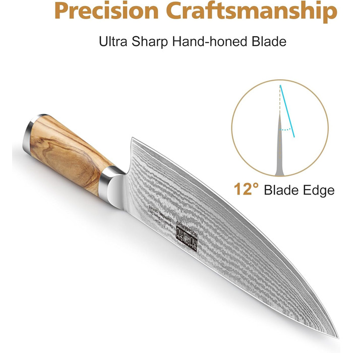 Кухонний ніж HOSHANHO Damascus 20 см, 67 шарів Дамаська сталь Кухарський ніж, дуже гострий японський ніж з ергономічною оливковою ручкою