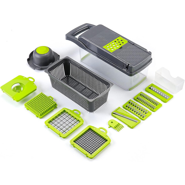 Овочерізка KEOUKE, 12-в-1 овочерізка, подрібнювач, кухонний комбайн з контейнером, захистом для рук, кошиком для зливання води (сірий)