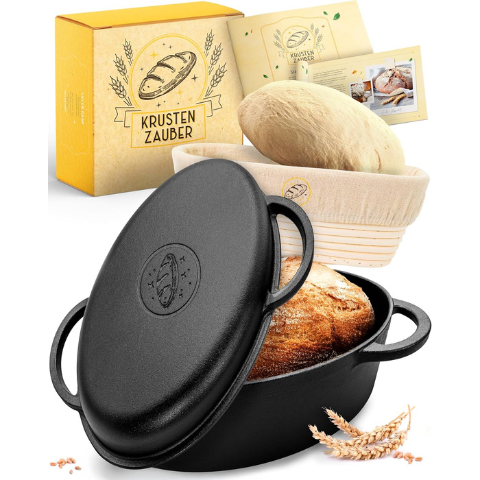 Чугунная форма для выпечки хлеба овальная 34 см с ротанговой корзиной для расстойки теста KRUSTENZAUBER