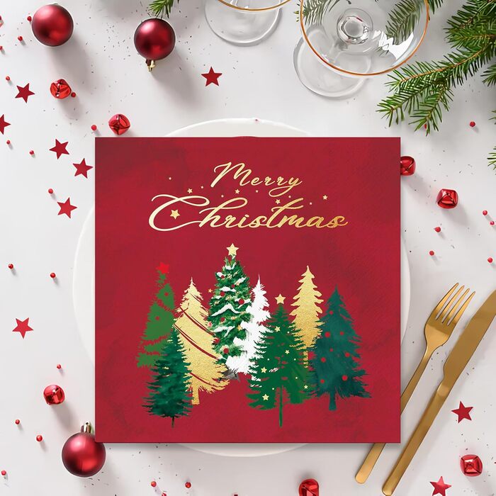 Червоні серветки Різдвяні ялинки серветки прикраса столу Різдвяна різдвяна прикраса Різдвяні серветки Різдвяні паперові серветки одноразові серветки &quotВеселого Різдва&quot 33 x 33 см 40 шт., 40 шт.