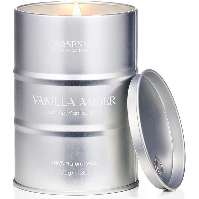 Ароматичні свічки M&SENSE з натурального соєвого воску, натуральна соєва свічка для домашнього декору, тривалий час горіння до 70 годин, класні подарунки-свічки для чоловіків та жінок (320 г, ванільно-бурштиновий)