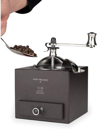 Млин для перцю Roellinger 13 см - Натхненний традиційною кривошипно-шатунною фрезою Peugeot з шухлядою - Виготовлений з деревини, сертифікованої PEFC - Шоколадні кольори