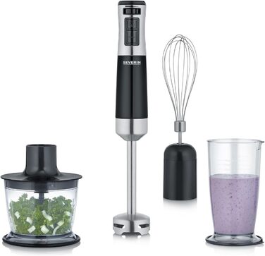 Аккумуляторный погружной блендер с комплектом премиум-класса, семный блендер, с ручным блендером, мультиизмельчителем, кувшином-блендером, толкушкой и венчиком для картофеля, черная/матовая нержавеющая сталь, SM 3775 (600 Вт, включая набор принадлежностей