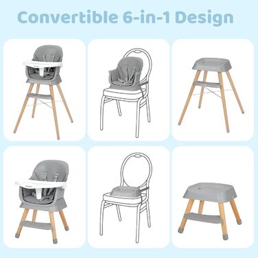 Дитячий стільчик для годування Ezebaby 6 в 1, бустер, барний стілець, багатофункціональний стільчик для годування, дерев&39яні ніжки, з 5-точковим ременем безпеки, підставкою для ніг, знімним підносом для дітей від 6 місяців (сірий)