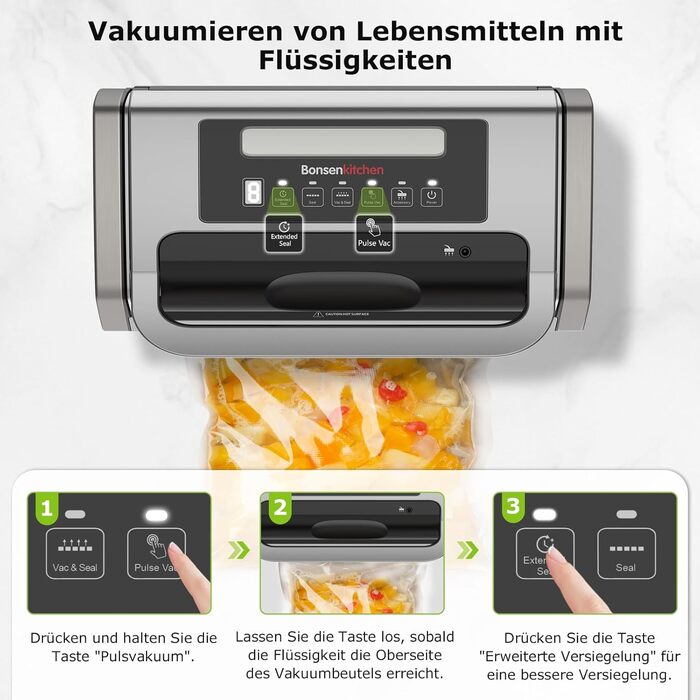 Вакуумний пакувальник з нержавіючої сталі та 2 вакуумних рулони, 15 л/хв 125 Вт Bonsenkitchen