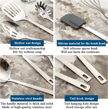 Набір кухонного начиння ReaNea з нержавіючої сталі, 26 предметів, міцний кухонний набір інструментів з гачками, набір металевих лопаток, міцне дзеркально-поліроване кухонне начиння для всіх кулінарних завдань