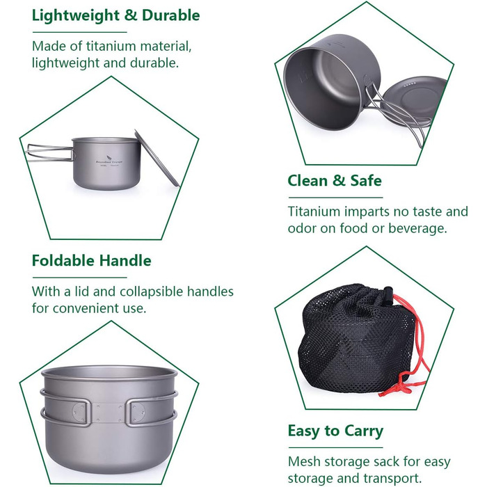 Безмежна подорож на відкритому повітрі 750 мл 800 мл 1100 мл 1300 мл Титанова каструля з кришкою Складна ручка для застави Кемпінг Піші прогулянки Пікнік Ультралегка портативна пляшка для води Чашка Кухоль Набір свиней (чашка 800 мл)