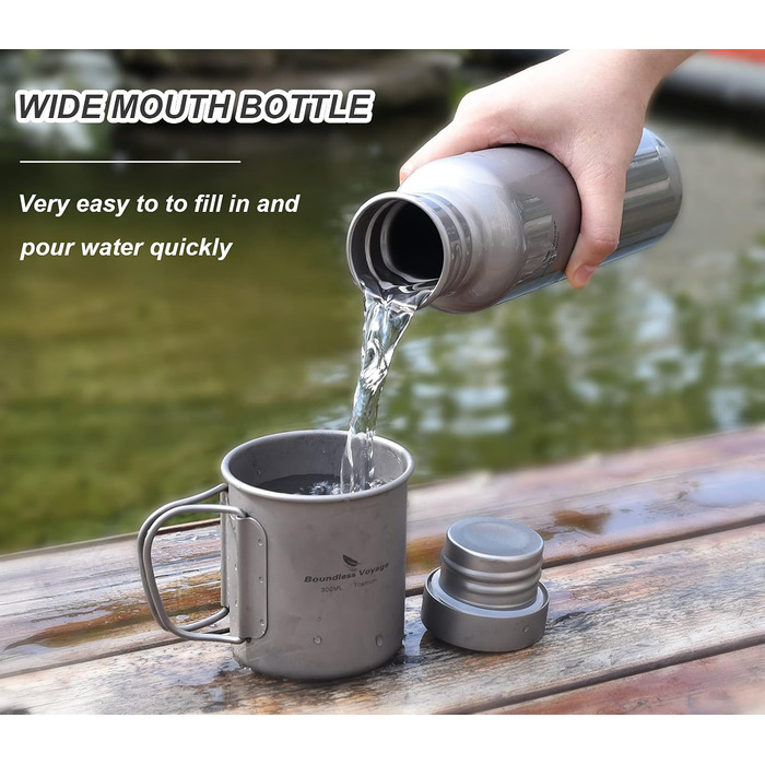 Титанова пляшка для пиття з широким горлом і герметичною кришкою та гачком 750 мл. iBasingo