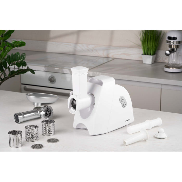ARDESTO М'ясорубка, 1900Вт, 1.8кг/хв, 3 решітки, насадка для ковбас, кеббе, 4 терки, пластик, білий