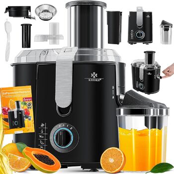 Соковижималка KESSER для фруктів та овочів з нержавіючої сталі 1100 Вт великий завантажувальний отвір 85 мм з щіткою для чищення та контейнером для соку 3 режими швидкості, соковижималка, сріблястий (чорний / сріблястий)