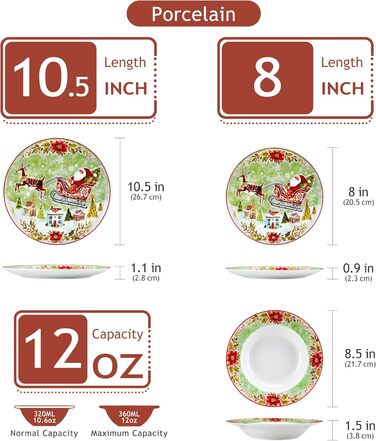 Серія 30-предметний порцеляновий різдвяний набір посуду для 6 осіб, різдвяний кавовий сервіз на 6 обідніх тарілок, 6 десертних тарілок, 6 супових тарілок, 6 кавових чашок та 6 блюдець (Різдвяний, 18-предметний обідній сервіз)