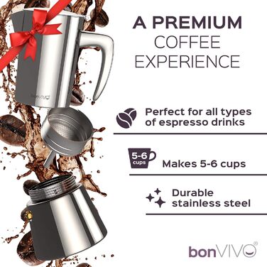 Кофеварка для эспрессо 100 мл на 2 чашки, серебристая хромированная bonVIVO