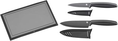 Пластиковая разделочная доска WMF Touch 32 x 20 см, Разделочная доска с канавкой для сока, Доска для разделки мяса, Разделочная доска для лезвий, (Черная, Комплект с набором ножей)