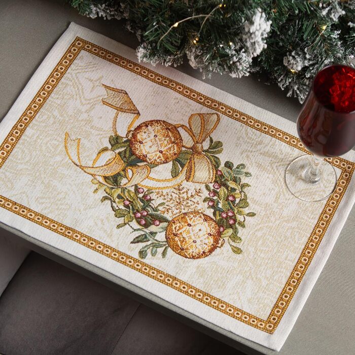 Дім різдвяної гобеленової різдвяної скатертини Скатертина на Різдво та Новий рік (Золотий вінок (блискучий), серветка 35x45 см)