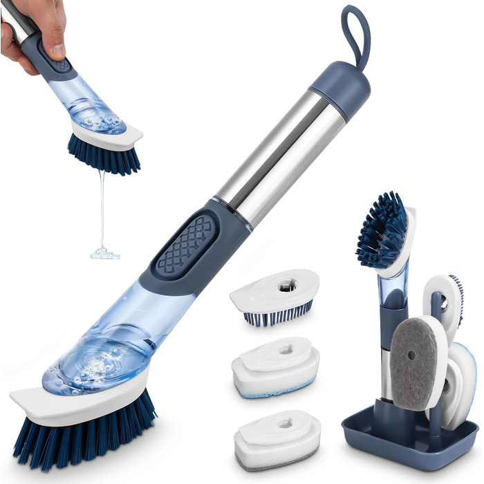 Щетка для посуды с дозатором для моющего средства с 4 сменными головками и держателем LEAZZLE