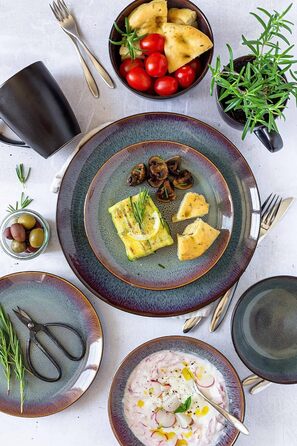 Керамічний набір посуду на 4 персони із зелено-коричневою реактивною глазур'ю, комбінований сервіз із 20 предметів у сучасних стриманих формах купе, керамограніт (обідня тарілка), 934100 Series Teona