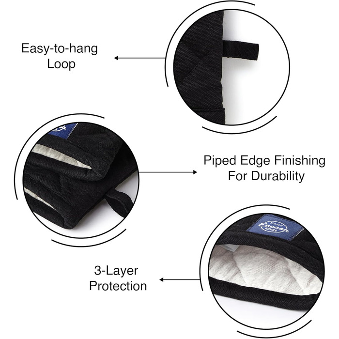 Рукавички для духовки та мікрохвильової печі Encasa Homes Extra Long (2 шт.) для кухні - Силіконові, сріблясті, термостійкі - Захищають руки від гарячого обладнання - (18 x 30 см, суцільний чорний колір)