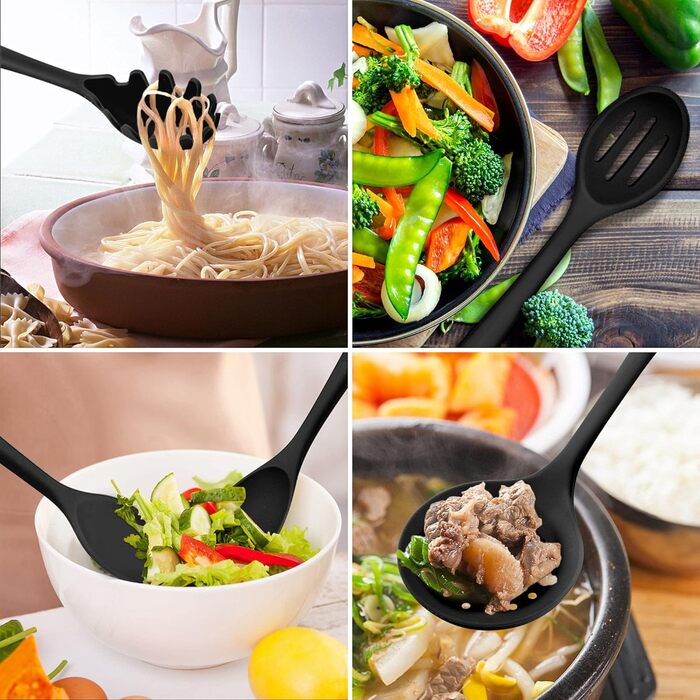 Силиконовый Набор Кухонных Гаджетов, 30 Предметов Кухонная Утварь С Держателем, Термостойкий Набор Кухонных Инструментов Для Антипригарной Посуды Сковороды, Шпатели, Щипцы 10 Крючков, Сейф Для Посудомоечной Машины - Черный