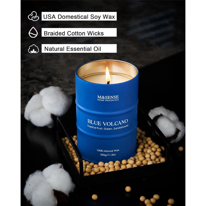 Ароматичні свічки M&SENSE з натурального соєвого воску, натуральна соєва свічка для домашнього декору, тривалий час горіння до 70 годин, класні подарунки-свічки для чоловіків і жінок (320 г, блакитний вулкан)
