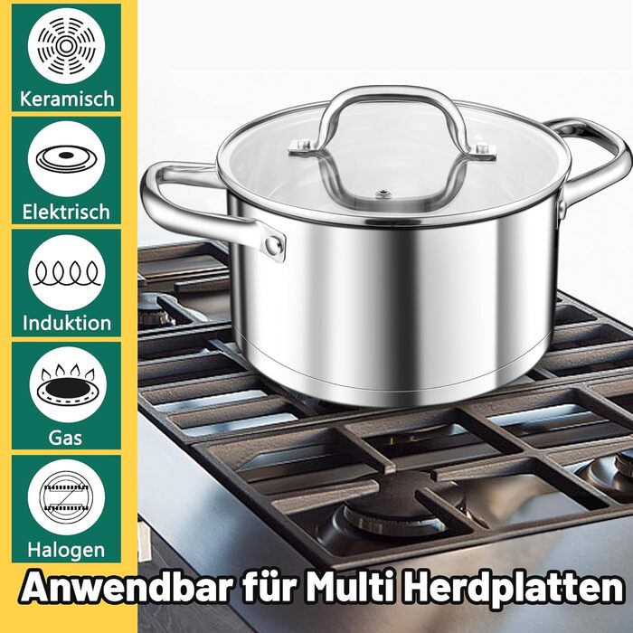 Велика каструля TEAMFAR, каструля з нержавіючої сталі, індукційна плита, скляна кришка, 3-шарове дно для всіх типів плит, каструля для пасти 26 см, каструля для м&39яса, без покриття та нетоксична, можна мити в посудомийній машині (5,7 літра)