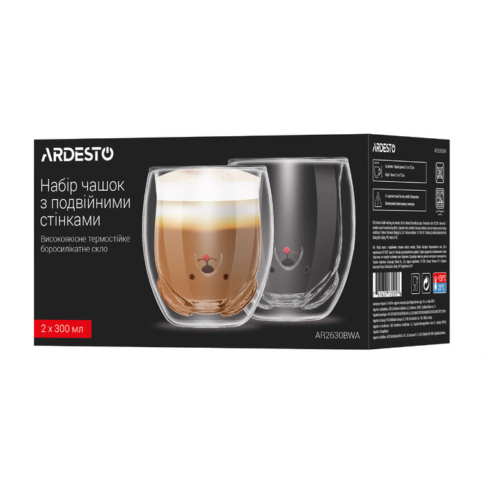 ARDESTO Набір чашок з подвійними стінками Animals, 300мл, 2шт, боросилікатне скло, прозорий